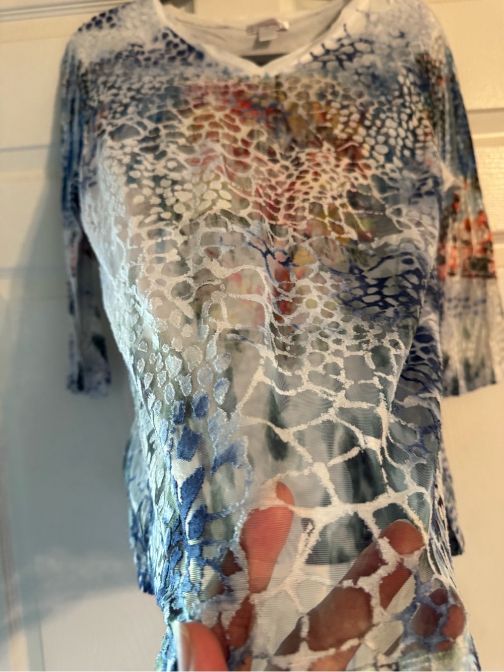 V-Neck Printed Tunic Top in Blue, White & Multicolor - Picture 2 of 8